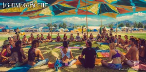 Festival-goers meditate at Lightning in a Bottle in Bradley, California