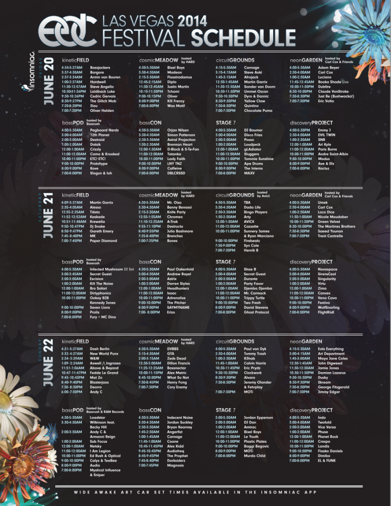 Electric Daisy Carnival 2014 Daily Schedule