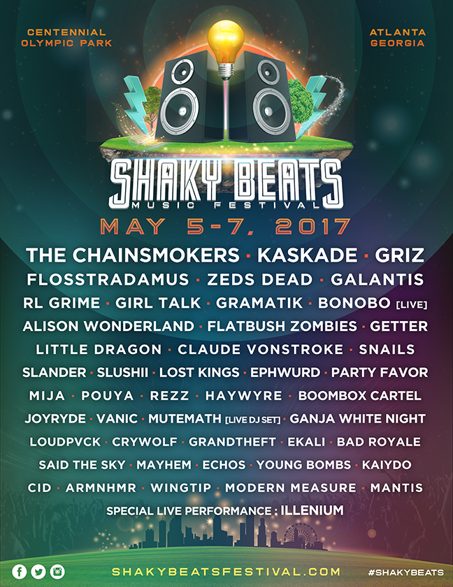 Shaky Beats, Lineup. EDM, Thatdrop, Kaskade, Chainsmors, Griz, Atlanta, Centennial Olympic Park