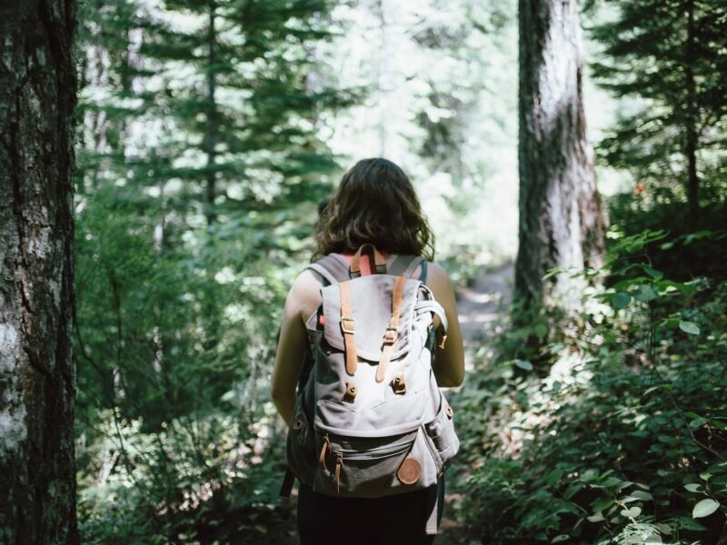 woman in sleeveless top and backpack surrounded by trees during daytime