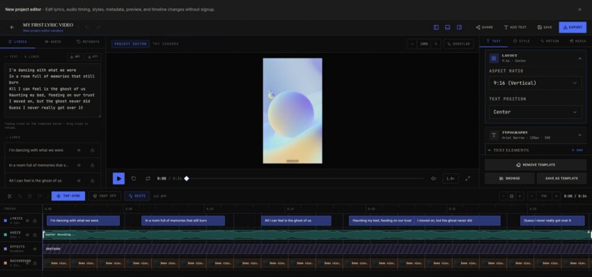 Epitrite Musician-First Lyric Video Maker Interface Screenshot