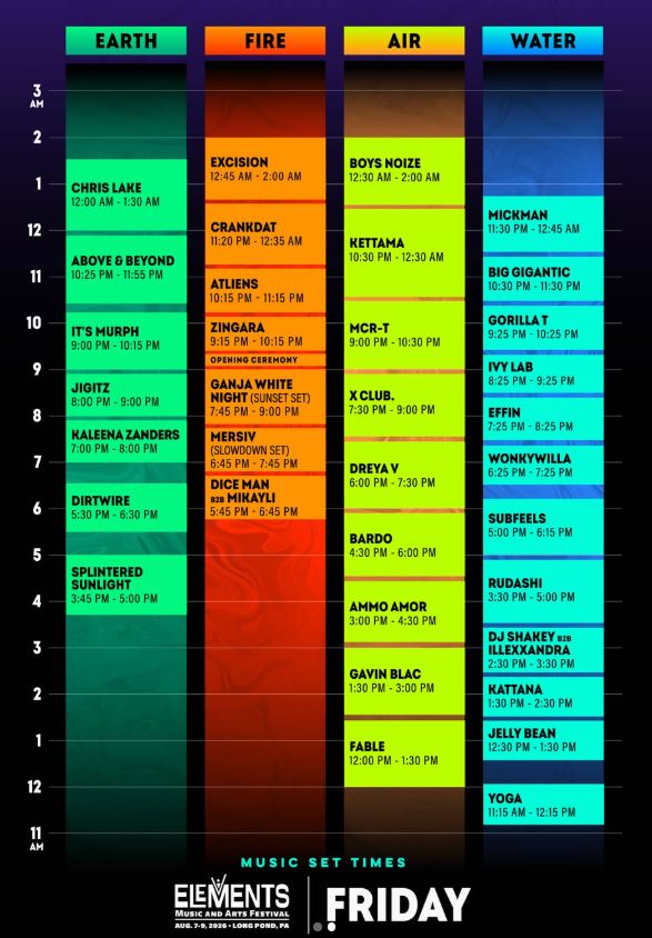 Friday Set Times for Elements Music Festival 2026