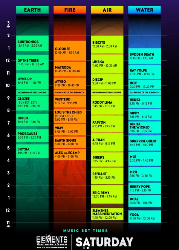 Saturday Set Times for Elements Music Festival 2026
