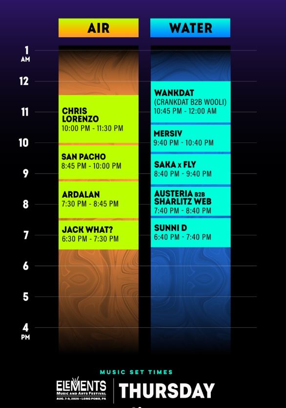 Thursday Set Time for Elements Music Festival 2026