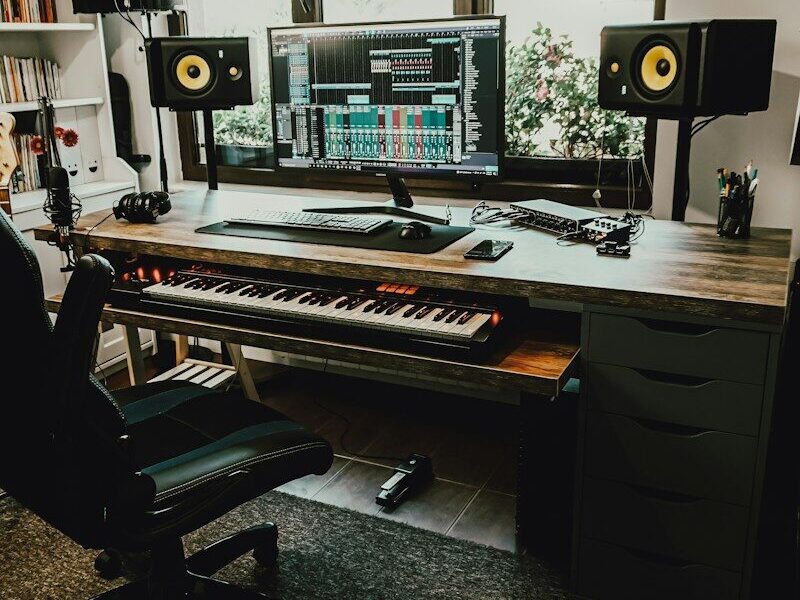 black flat screen computer monitor on brown wooden desk